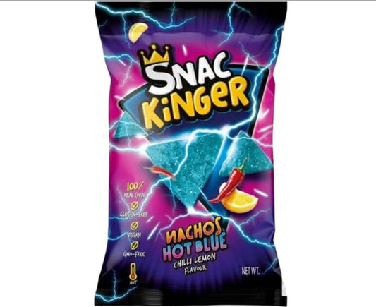 Nachos azules, Snac Kinger, nachos picantes, hot blue chips, snacks para fiestas, nachos de maíz.