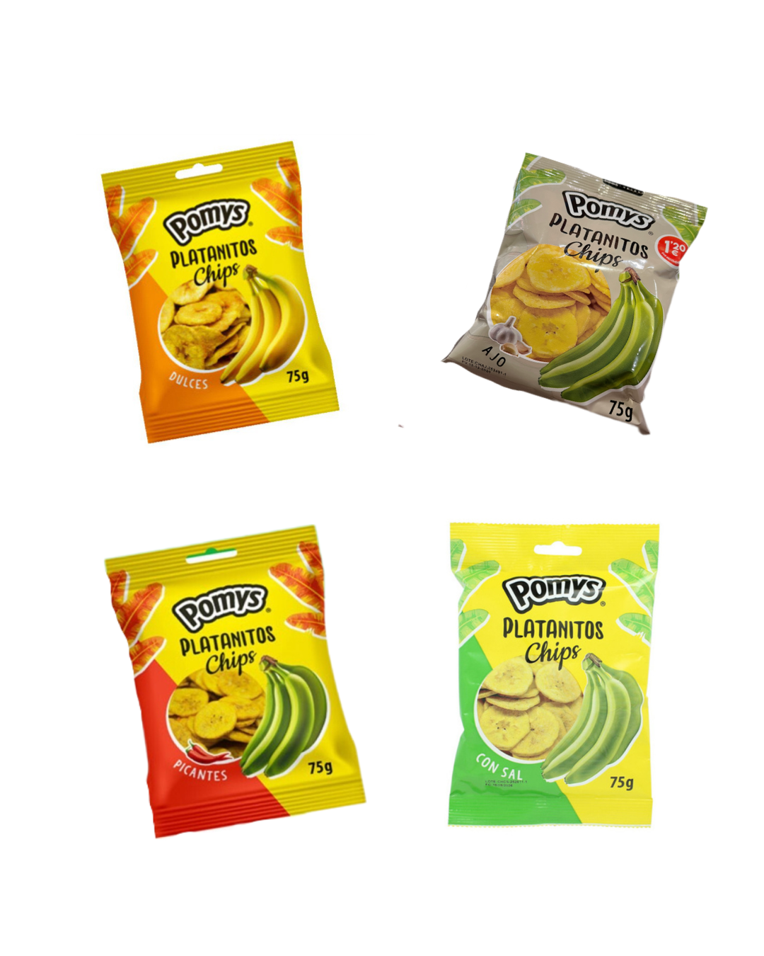 Platanitos Pomys 75g - Snacks de Plátano Crujiente (Sal, Dulce, Picante y Ajo) - LA TIENDA DE CHUCHES