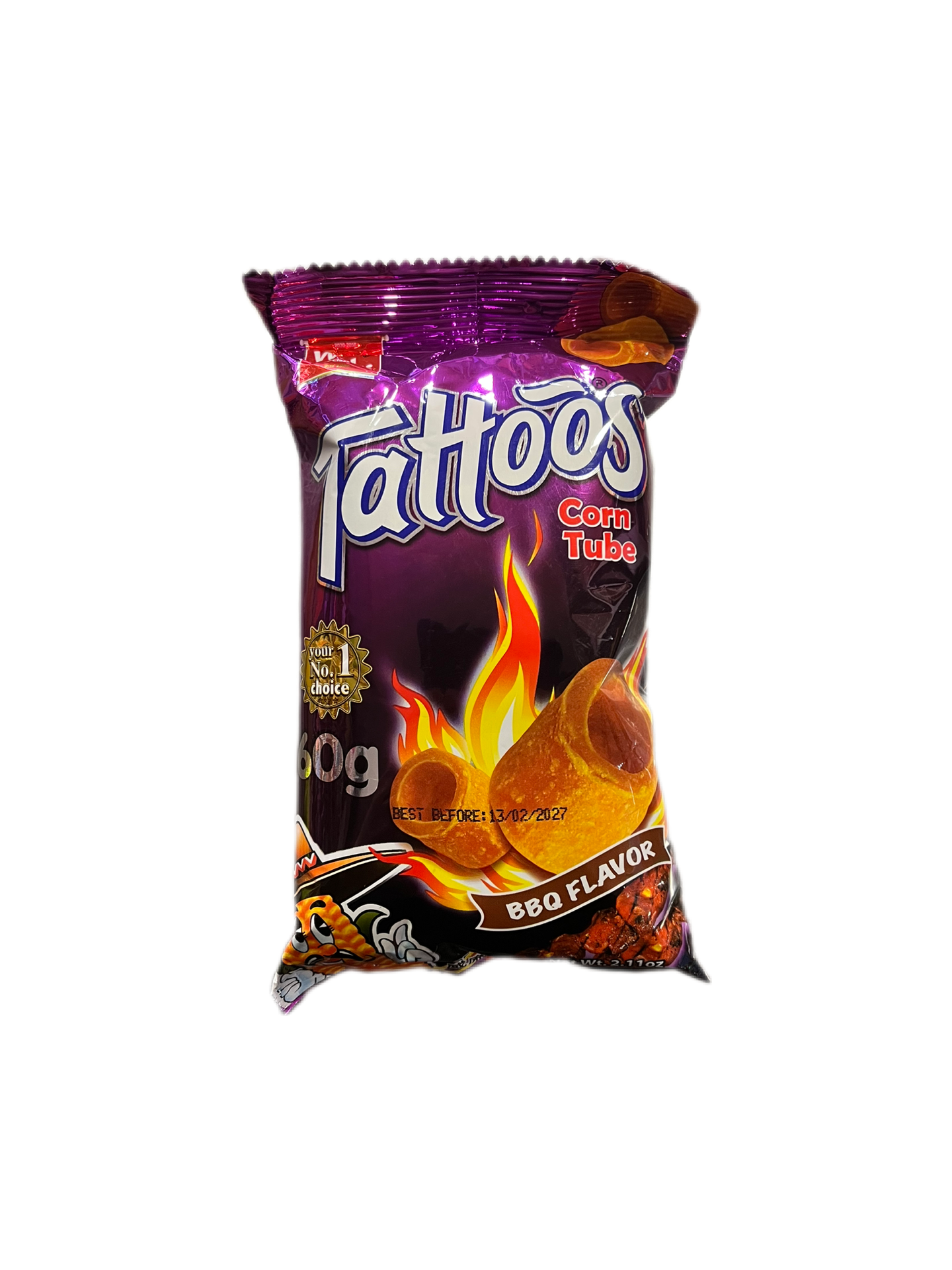 Tattoos barbacoa, snacks de maíz, aperitivos barbacoa, chuches saladas, bolsa Tattoos 60g, picoteo crujiente.
